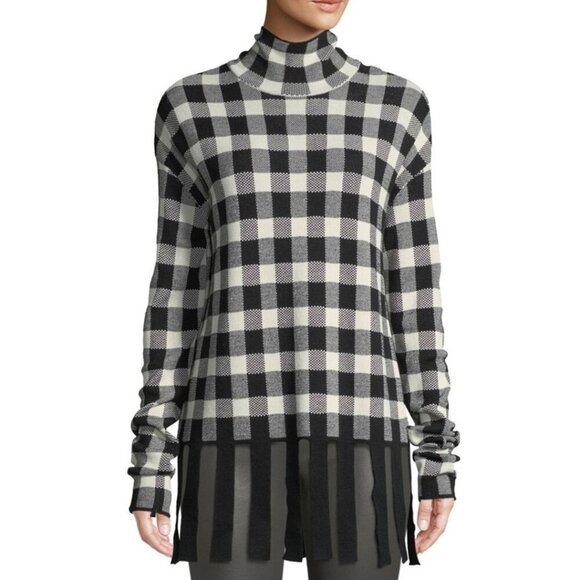 Christian Wijnants Kadiha Wool Sweater Buffalo Plaid Fringe Trim Mock-Neck L - Picture 1 of 13